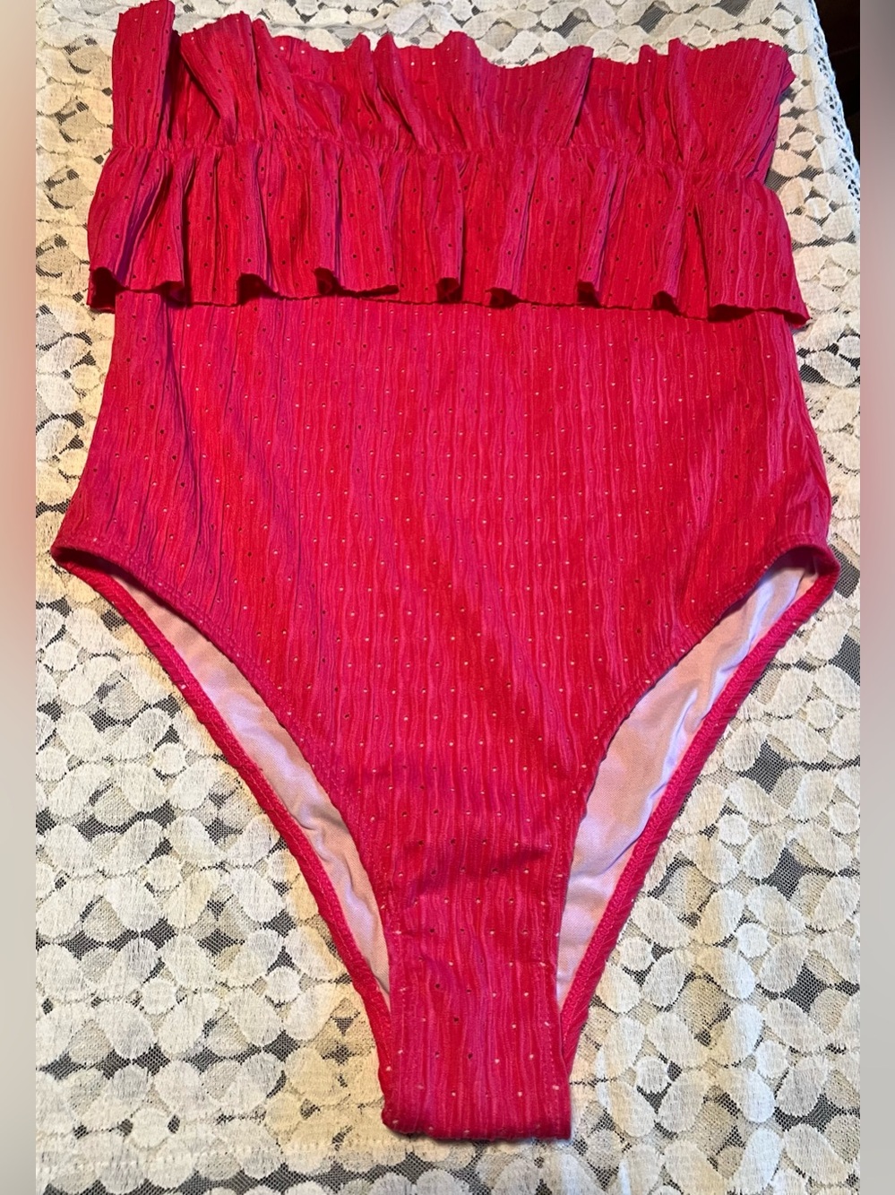SHEIN Size L Hot Pink Ruffle Eyelet One-Piece Swimsuit Strapless NWOT